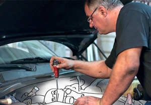 Montage von Fotografie und Zeichnung eines KFZ-Mechanikers